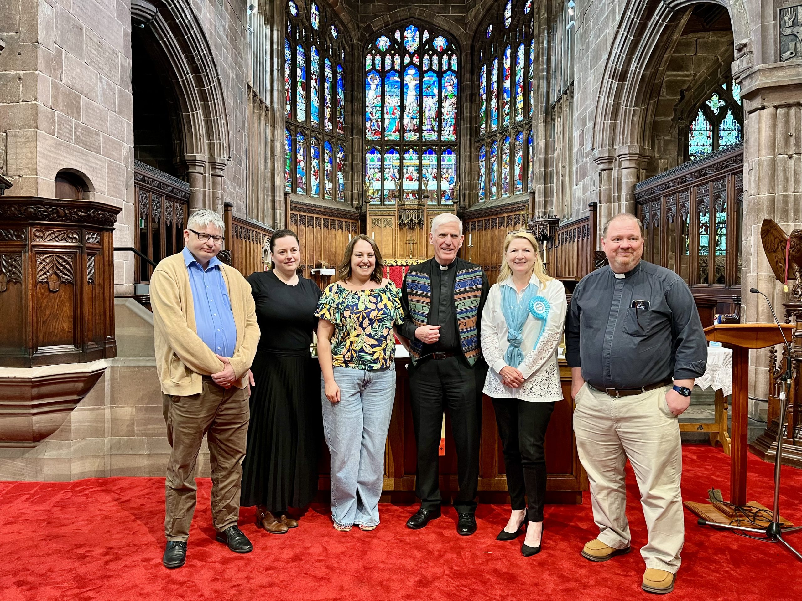 Reform Uk Mid Cheshire candidate Emma Guy with Charles Fifield, Mark Green, Helen Clawson, Crystal from Christian Aid and Andrew Ridley, vicar of St Helens church, Northwich